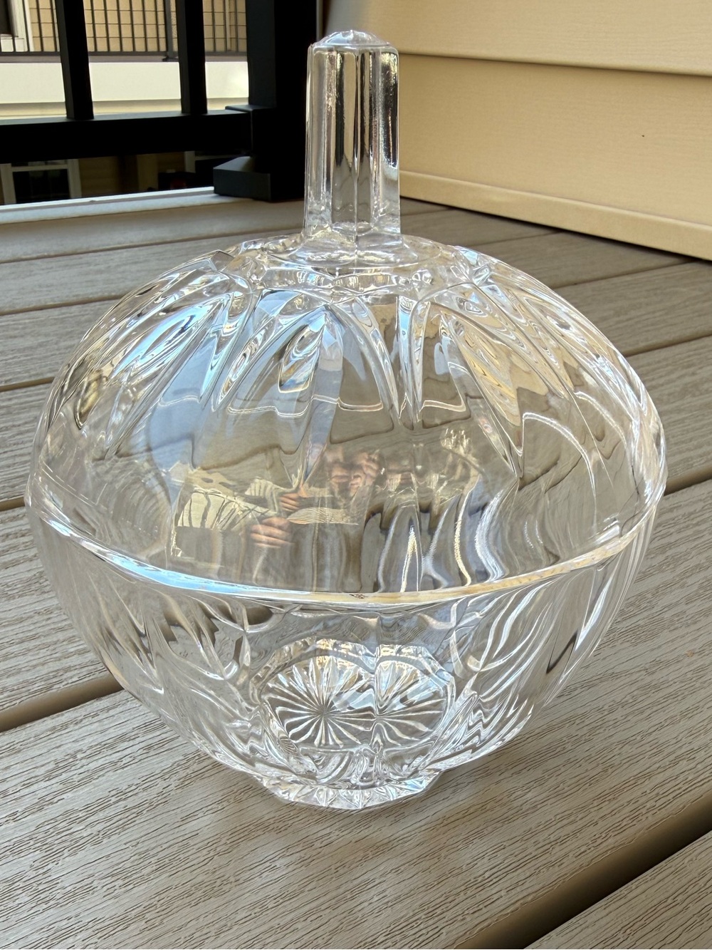 Vintage Cut Glass Covered Candy Dish Trinket Box with Lid 6” Wide x 6.5” Tall